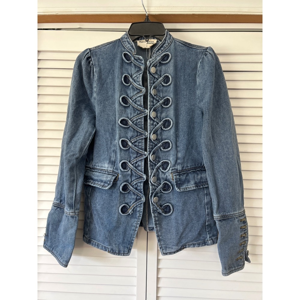 Savanna Jane Women Medium Wash Denim Military Hussar Jacket Braided Loops Small
